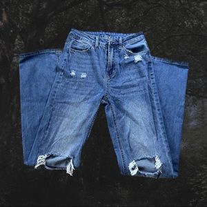 High Waisted Ripped Frayed Straight Leg Jeans <3